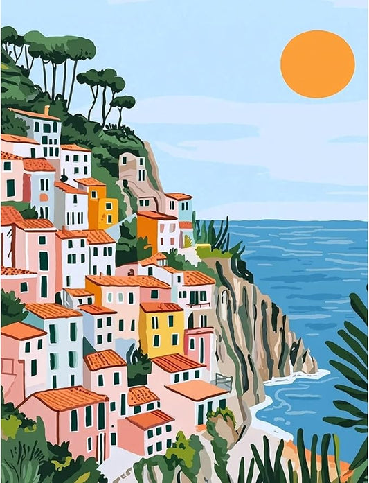 QENSPE Diamond Painting Art Kits for Adults, DIY Seaside View Full Drill Diamond Art for Beginners, 5D Colorful Houses Round Diamond Dots Paintings Gem Art Crafts for Home Wall Decor Gifts 30x40cm