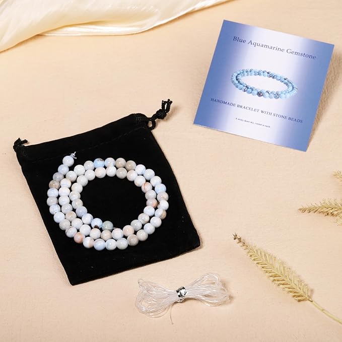 Stone Beads, 60pcs Blue Aquamarine Gemstone, 6mm Round Loose Beads for Jewelry Making, Bracelets, with Bag, String & Card
