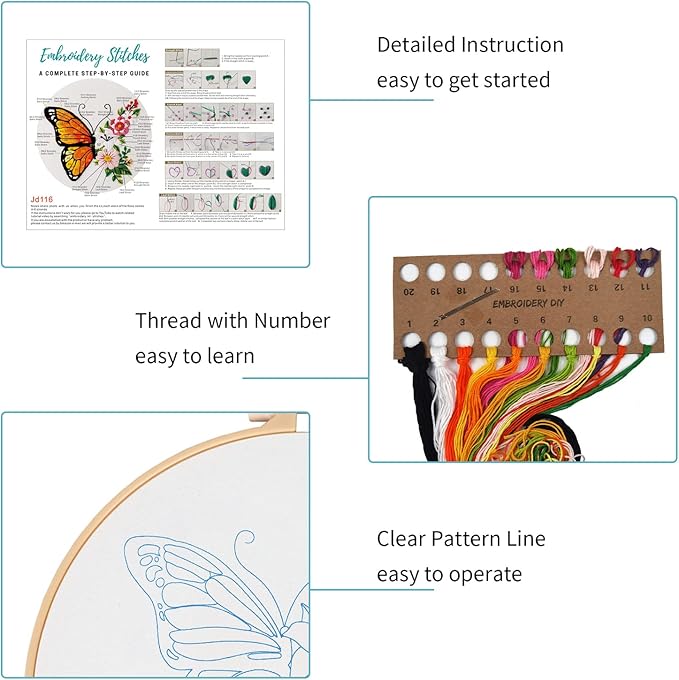 Nuberlic 3 Pack Funny Embroidery Kits for Adults Beginner, Stamped Cross Stitch Kit for Crafts Starters with Cute Bees Butterfly Patterns Include Hoop Cloth Thread Needles Instructions