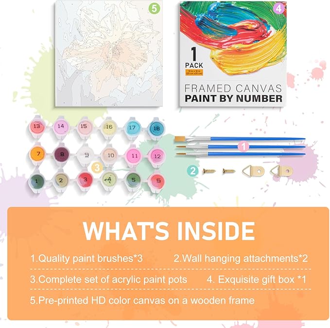Framed Paint by Numbers Kit for Adults Beginners & Kids Ages 8-12, Flowers Acrylic Easy Paint by Number with Frame, Watercolor Paint by Number Kits on Canvas Framed (10 * 10 Inch, without Easel)
