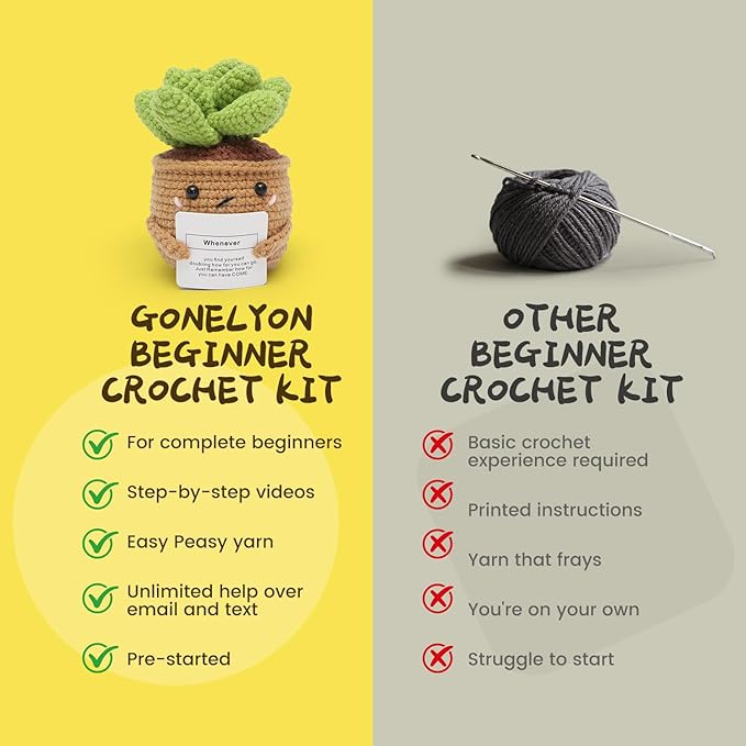 GONELYON Crochet Kit for Beginners, Beginner Crochet Starter Kit, 4 Pc Potted Plants Family Kits with Step-by-Step Video Tutorials, Learn to Crochet Kits for Adults and Kids