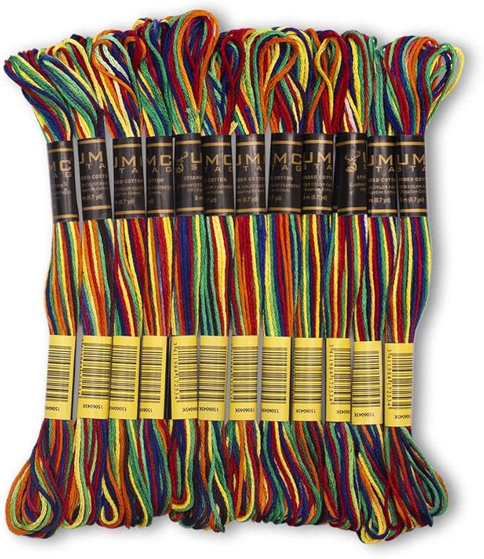 Pack of 12 Premium Embroidery Thread | 100% Egyptian Cotton Premium Skeins | Cross Stitch Embroidery Floss | Oeko TEX Certified | Ideal for Arts & Crafts (Rainbow Variegated 00)