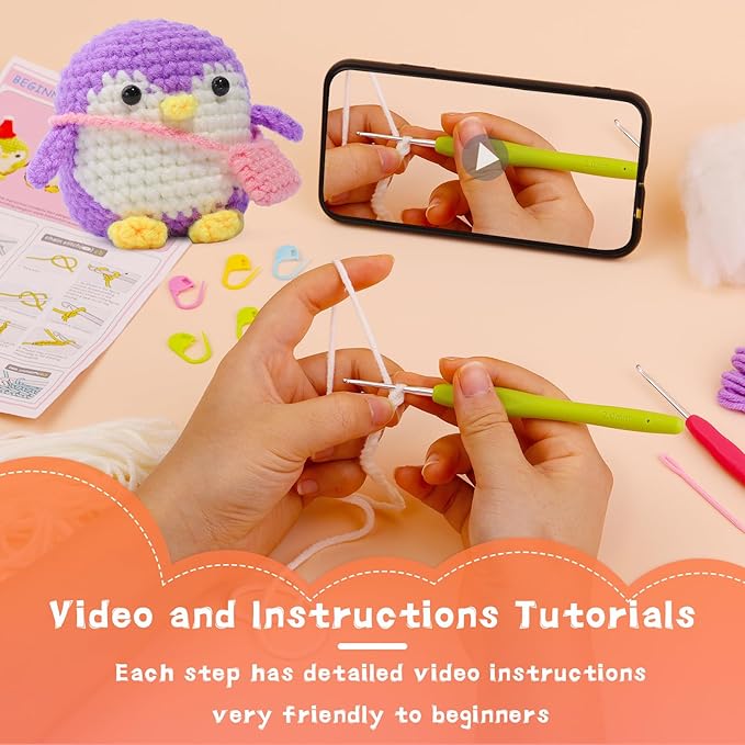 IMZAY Crochet Kit for Beginners, Beginner Animal Kit, Cute Starter with Video Tutorial, Hooks, Colored Yarns, Stitch Marker Complete Set to Make Purple Penguin