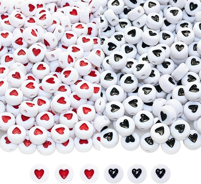 Amaney 500Pcs Heart Beads 7x4mm Round Acrylic Beads Black and Red for Jewelry Making