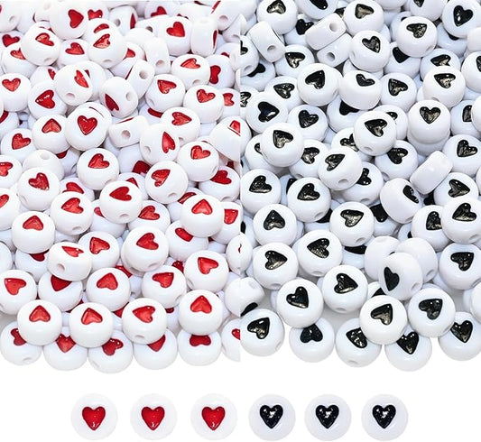 Amaney 500Pcs Heart Beads 7x4mm Round Acrylic Beads Black and Red for Jewelry Making