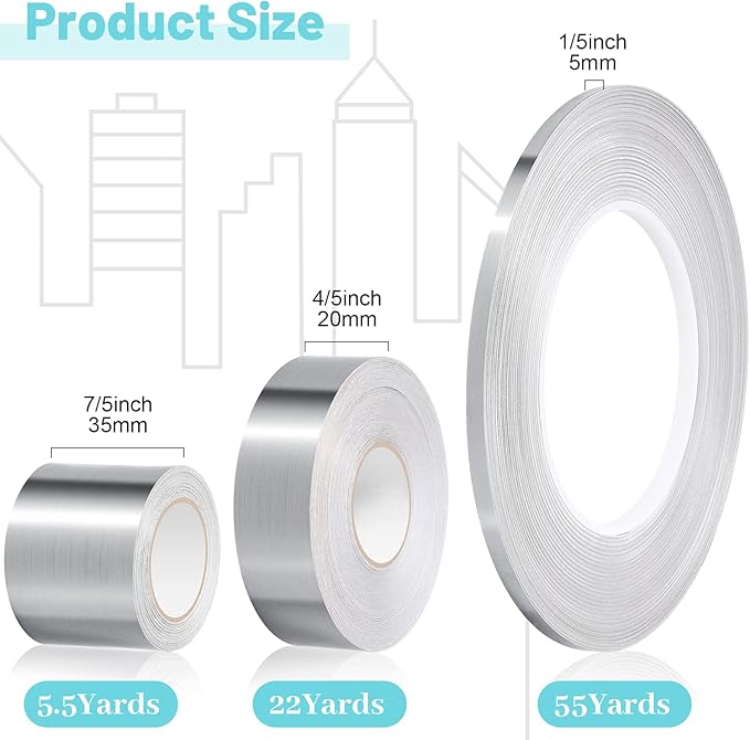 Zonon 3 Rolls Multi Size Self Adhesive Polyester Film Tape 1/5, 4/5, 7/5 Inch Washi Metallic Tape for Detailing Accent Graphic Arts for Walls Cars and Boats Trim(Silver)