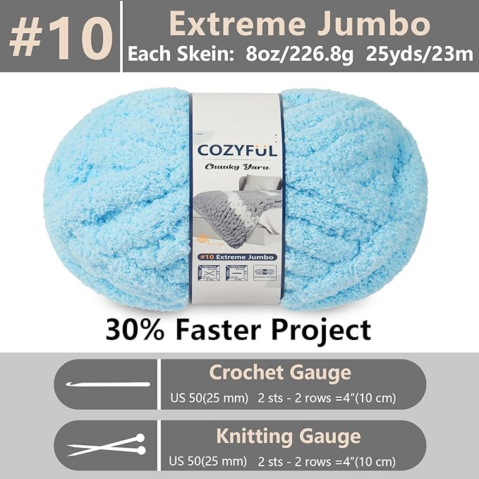 Chunky Yarn for Hand Knitting - #10 Chunky Chenille Yarn, Jumbo Big Thick Chunky Yarns for Crocheting, Super Bulky Chunky Knit Blanket Yarns, 8 Skein (25 yds 8 oz Each Skein), Sky Blue
