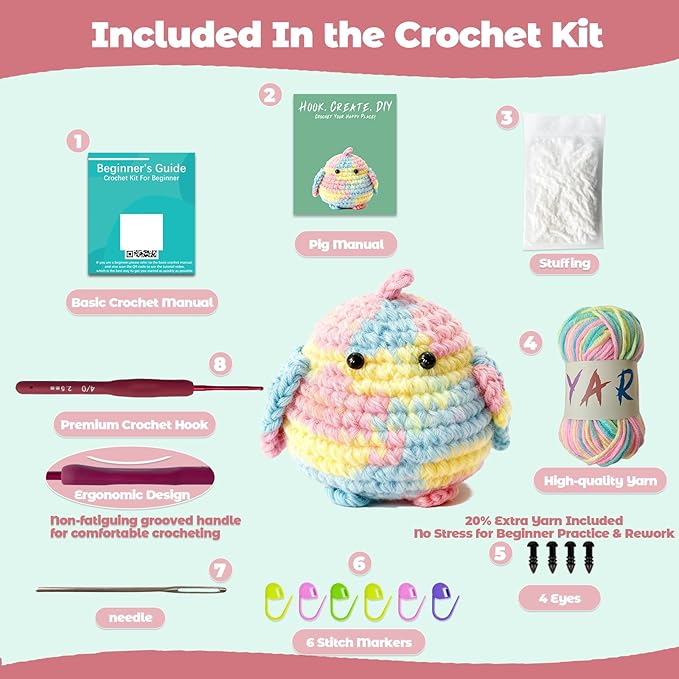 JueRum All in One Crochet Kit for Beginners, 2PCS Animal Crochet Starter Kit with Step-by-Step Video Tutorials,Learn to Crochet Stuffed Amigurumi Animals Knitting Kit for Adult