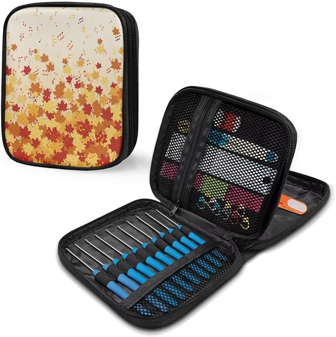 Hechitok Maple Leaf Music Crochet Hook Case Empty Zipper Bags Organizer Travel Crochet Storage Bag with Web Pocket for Carrying Various Crochets and Knitting Accessories
