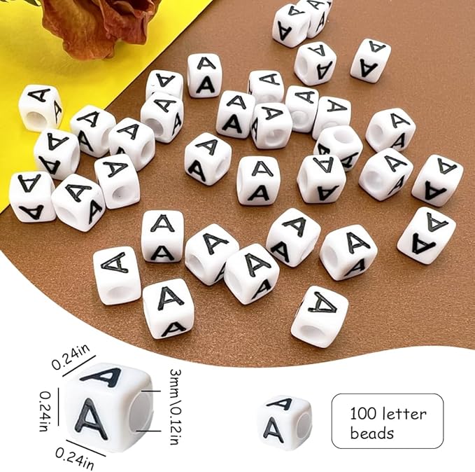 MIIIM 100pcs Pony Beads Letter A for Keychains Making, 6x6mm Large Hole Square Letter Beads for Bracelets Making, Alphabets, Numbers (White and Black)