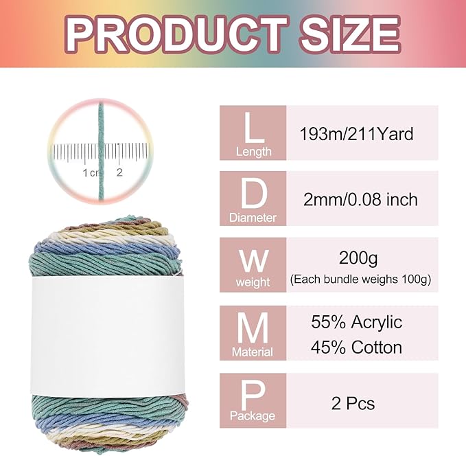 MECCANIXITY Cotton Acrylic Yarn for Crocheting, 422 Yard 5 Ply Soft Gradient Yarn Acrylic 45% Cotton 55% Used for DIY Knitting Blankets Scarves(2 Packx100g,Blue,Brown,Green,Beige)