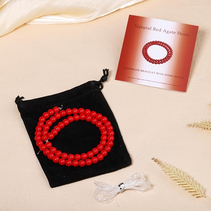 Stone Beads, 60pcs Red Agate, 6mm Round Loose Beads for Jewelry Making, Bracelets, with Bag, String & Card