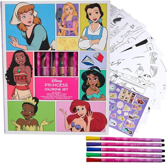 Disney Princess Coloring Book for Adults and Kids, Black & White Sheets, Velvet Coloring Pages, Stickers, Washable Markers