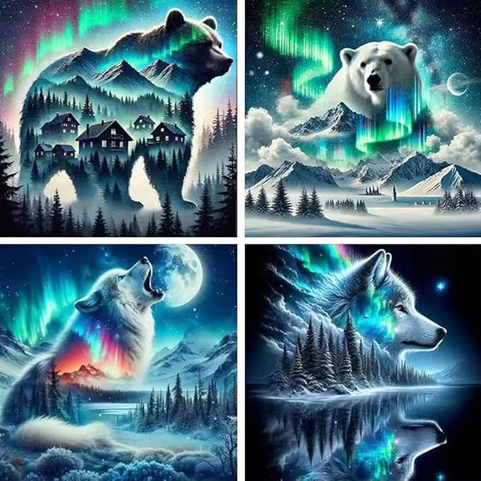 Diamond Art Kits for Adults Beginner, 4 Pack Animals DIY Diamond Painting Kits Bear and Wolf,5D Diamond Dots Gem Art Starry Sky Full Drill Funny Crafts for Home Wall Decor 12x12 Inch