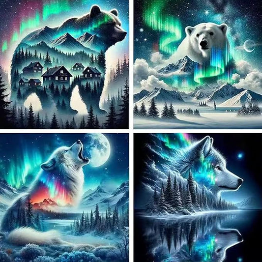 Diamond Art Kits for Adults Beginner, 4 Pack Animals DIY Diamond Painting Kits Bear and Wolf,5D Diamond Dots Gem Art Starry Sky Full Drill Funny Crafts for Home Wall Decor 12x12 Inch