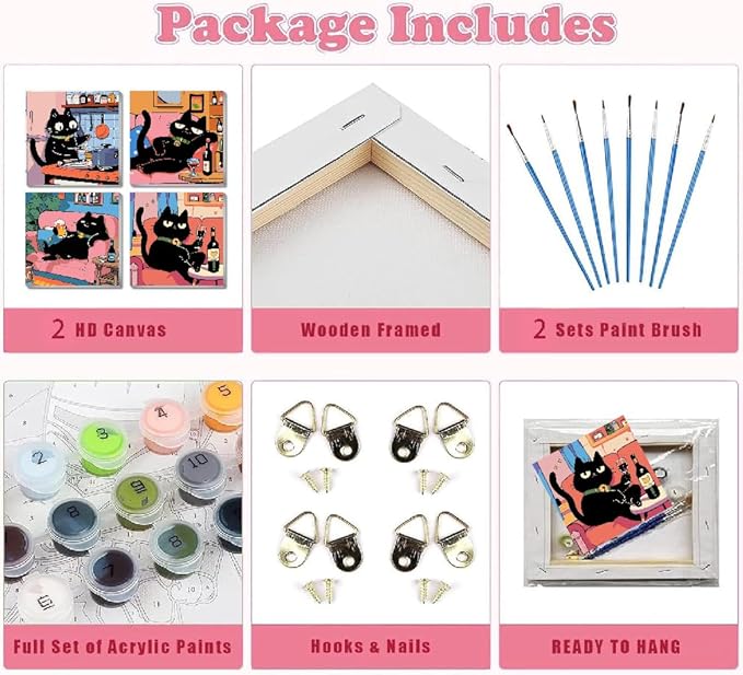 4Pack Funny Black Cat Kitchen Paint by Numbers Kit for Kids, Vintage Animals Easy Framed Adults Paint by Numbers Kits, DIY Cute Cat Acrylic Oil Painting Number Kits for Home Wall Decor (8 x 8 Inch)