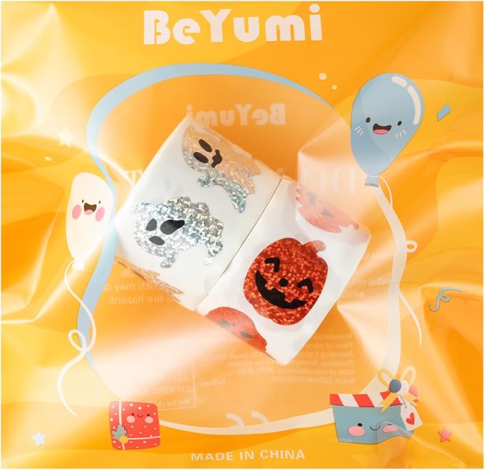 beyumi halloween pumpkin ghost stickers - 1000pcs halloween laser pumpkin ghost boo stickers in 2 rolls holographic sparkly glitter adhesive decals gift party school classroom envelope decor for kids