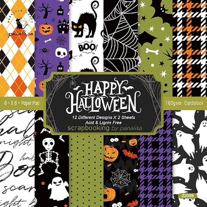 YASMEN Scrapbook Paper Pad - 6"×6” - 24 Sheets Halloween Scrapbooking Supplies Kit - 160gsm Single-Sided Pattern, Designer Planner, Junk Journal Craft Paper, Card Making Supplies