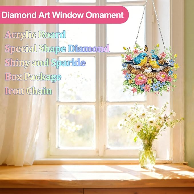 CEOVR Bird Nest Hanging Diamond Art for Adults, Spring Birds Diamond Painting Pendant DIY Gem Art Wall Hanging Ornament, Acrylic Home Garden Decor with Chain, Box Kit 7.87×7.08inch