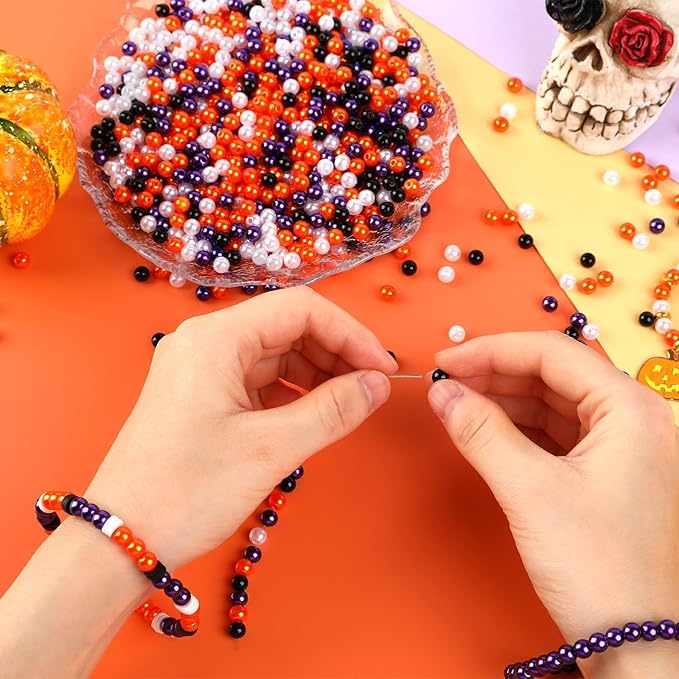 UPINS 1200Pcs Halloween Beads Round 6mm Black Purple Orange White Pearl Beads for Jewelry Making Halloween Mardi Gras Party Decoration Necklace Bracelets Hair Beads DIY Crafts (4 Colors)