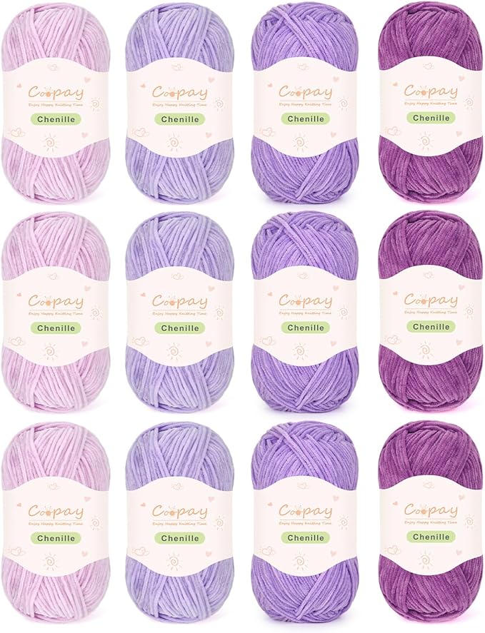 Coopay Skinny Chenille Yarn for Crocheting and Knitting, 12 Pack of 50g/1.76oz-1764yd Total, Soft Velvet Yarn of Baby Weights - Suitable for Baby Blankets, Plush Toys - Super Soft (Purple Gradient)