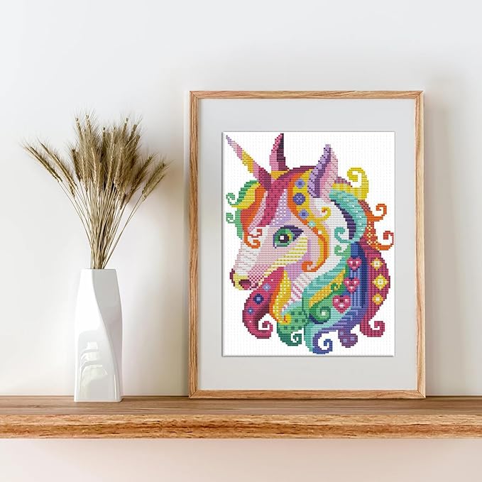 stitchmelody easy stamped cross stitch kits for beginners,11ct printed pattern embroidery kit,dmc threads sewing pattern needlepoint kits for adults-colorful unicorn 11''x15.3''