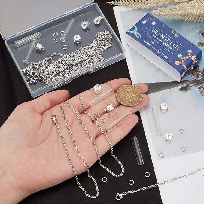 SUNNYCLUE 1 Box DIY 10 Sets Glass Vial Necklaces Bulk Wish Bottle Necklace Lucky Silver Transparent with Stainless Steel Chain Hanging Tube Empty Charm for Jewelry Making Handmade Crafts Christmas