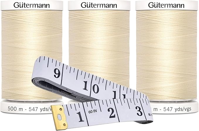 Gutermann Sew-All Thread (500m/547yd Each), 3-Pack Bundle with Bella's Crafts Soft Tape Measure (Ivory - 800)