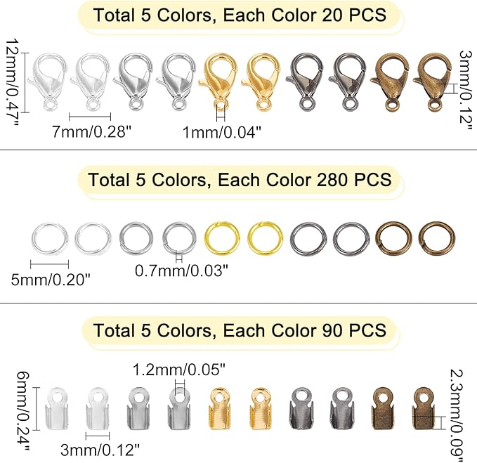 PH PandaHall 1800 Pcs Jewelry Finding Kits, 5 Colors Cord Ends Lobster Claw Clasps 5mm Jump Rings for Earring Bracelet Necklace Pendants Jewelry DIY Craft Making, 24 Styles/Set