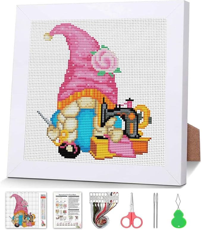 VIGEGU Gnome Cross Stitch Kits for Adults,Sewing Machine Stamped Cross Stitch Embroidery Kit for Beginners with Wooden Framed, Arts and Crafts for Girls 8-12 Partial 11CT Cross-Stitch 7.9x7.9inch