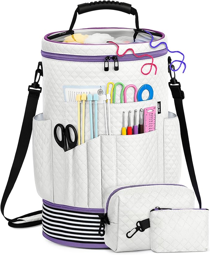 IBFUN Crochet Yarn Knitting Bag 3PCS - Expandable Yarn Storage Organizer Crocheting Bag with Accessories Cases Adjustable Strap for Hooks, Needles, Accessories, Crochet Lovers, Supplies, Beginners