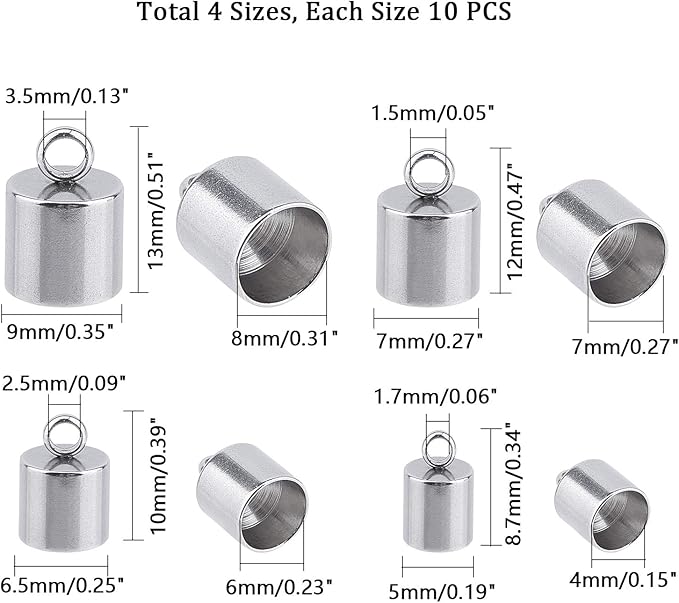 UNICRAFTALE 4 Sizes 40pcs Stainless Steel Cord Ends Leather Cord End Caps Cord End Caps Terminators Cord Finding for Jewelry Making Kit, Stainless Steel Color