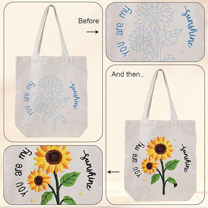 louise maelys embroidery kit canvas tote bag for beginners,cross stitch kits for adults,arts and diy crafts needlepoint with sunflower pattern,women shopping reusable grocery bags