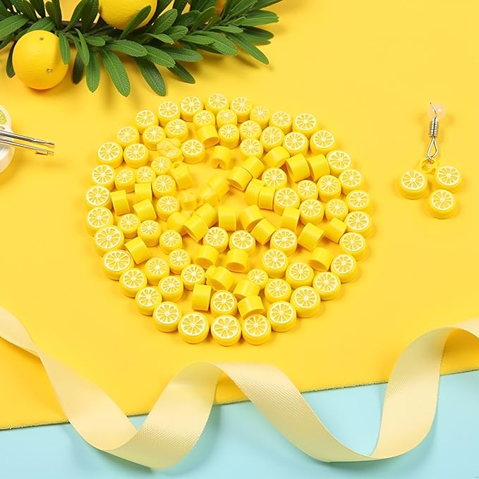 200Pcs Yellow Lemon Polymer Clay Beads,10mm Fruit Charm Spacer Beads for Jewelry Making,Necklace, Earring and Bracelet DIY Craft Supplies,Flat Bead, Summer Jewelry Kits and Fruit Theme Accessories