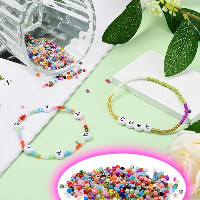 38660 Pcs 2mm Glass Seed Beads Jewelry Making Kit, 2 Boxes 48 Colors Small Bead Friendship Bracelet Set with Pendants, Letter Beads & Elastic Cord, Gift for Craft Enthusiasts