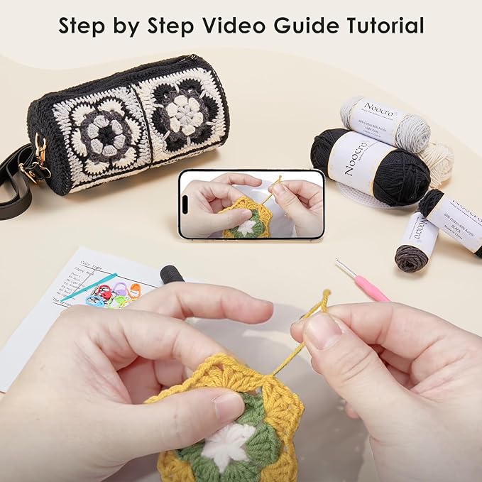 Noocro Crochet Kit for Cylindrical Bucket Bag, Purse, Complete DIY Kit with Detailed Instructions, Video Tutorials, for Beginners with Basic Crochet Knowledge or Intermediate and Advanced Crocheters