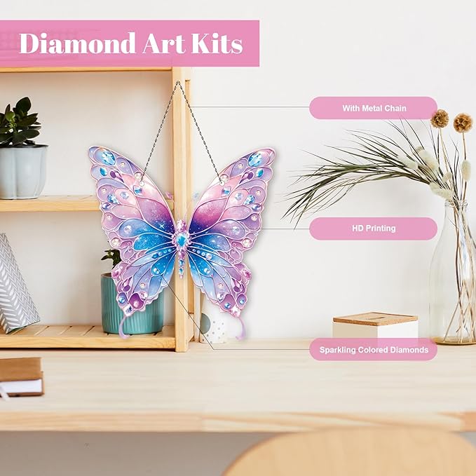 Roneenz Diamond Painting Kits Hanging Pendant, Butterfly Hanging Diamonds Art kit for Adults, Special Shaped DIY 5D Art Window Decor, Home Garden Room Decor Gifts for Women and Girls