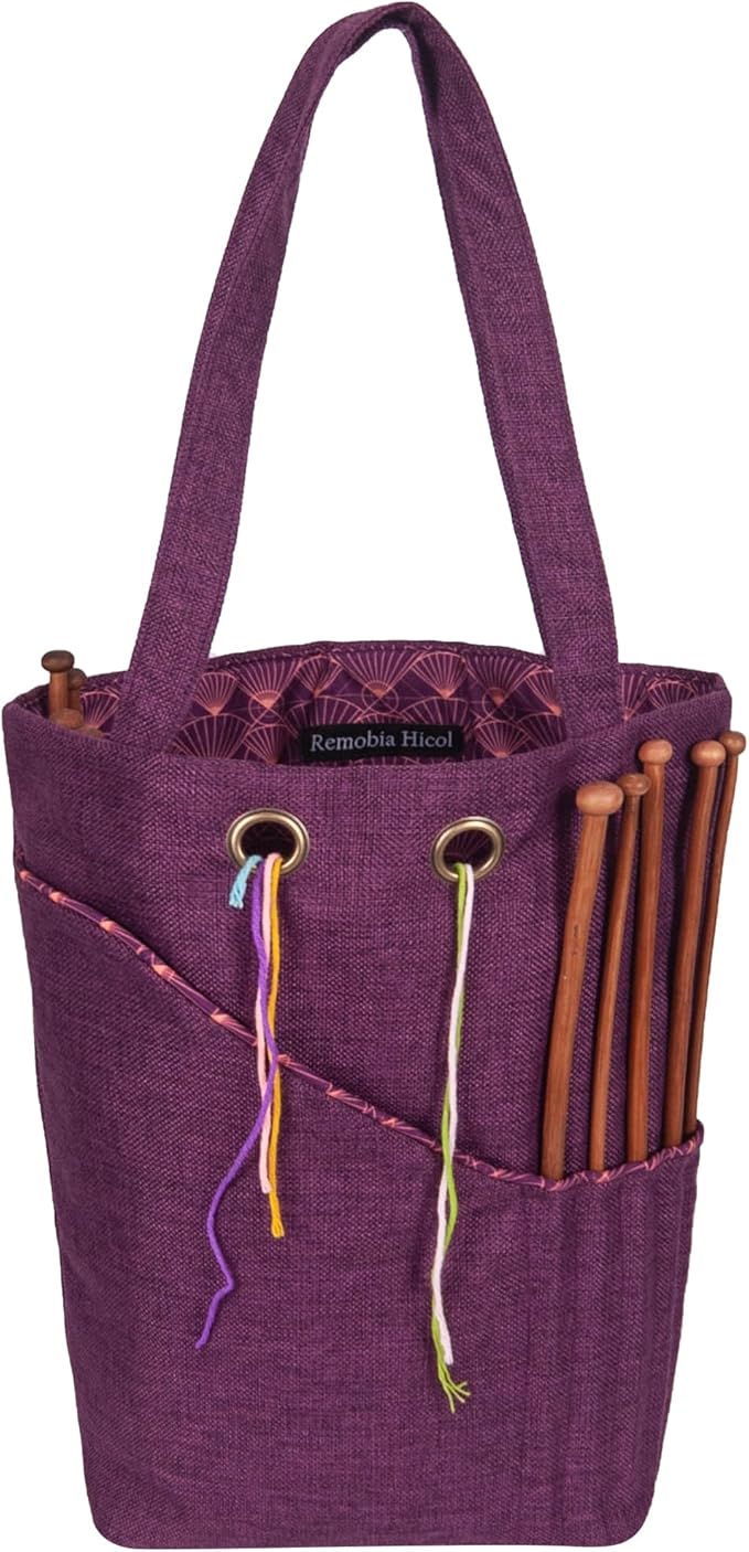 Linen Knitting Project Tote Bag,Portable Yarn Storage Bag for Crochet Accessories/Needles,Crochet Hooks Organizer,Knitting Bag for Crochet Lovers (Purple)