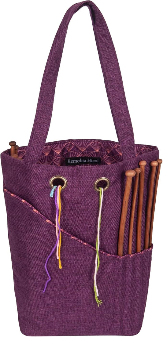 Linen Knitting Project Tote Bag,Portable Yarn Storage Bag for Crochet Accessories/Needles,Crochet Hooks Organizer,Knitting Bag for Crochet Lovers (Purple)