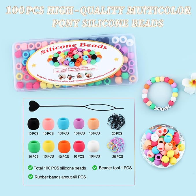 AD Beads 100PCS 6x9mm Soft Pony Silicone Beads for Hair, Mixed Color with 80 Elastic Bands, Tool and Storage Box Kit for Braids, Bracelet, Crafts