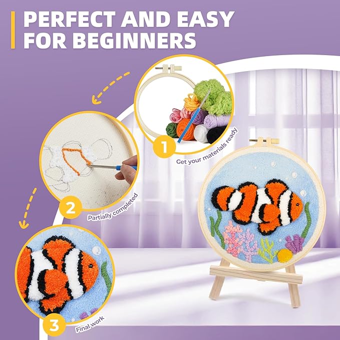 Punch Needle Kits Adults Beginner,Embroidery kit for Beginners,Punch Needle kit for Beginners, Includes All Tools and Materials,Easy to Follow Instructions and Videos(Clownfish + Sea Turtle)