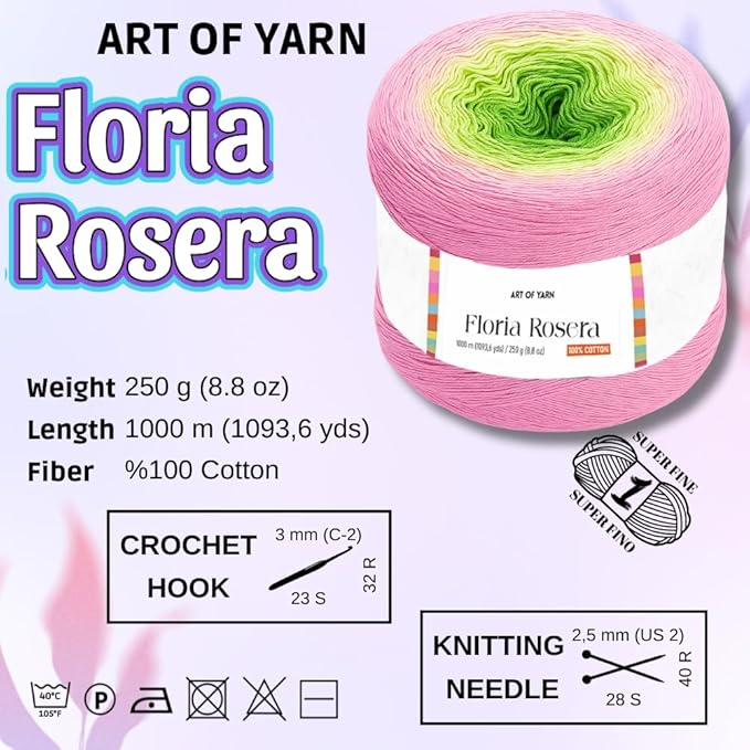 Floria Rosera Ombre 100% Cotton 250g (8.80oz) 1094 Yards Fine 1 Vibrant Multicolor Rainbow for Crochet Knitting Amigurumi Crafts Ideal for Spring Summer Projects Thick Soft