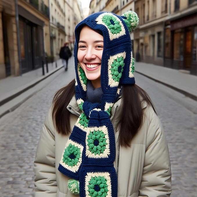 Noocro Complete Crochet Kit for Pom-Pom Granny Square Scarf Hood, DIY Yarn Kit, Detailed Instructions, Step by Step Video Tutorial, Beginner-Friendly, Intermediate Crocheter Craft Set (Navy Moss)