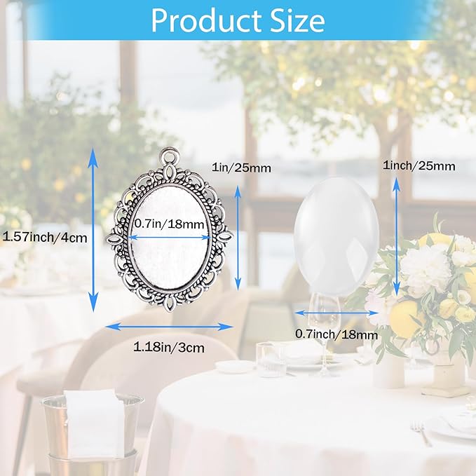 100 Pcs Bezel Pendant Blanks Settings, 50 Oval Pendant Trays Photo Charms with 50 Clear Glass Cabochon for Jewelry Making, DIY Blank Bezels Trays Kit for Crafts, 25x18mm (Antique Silver)