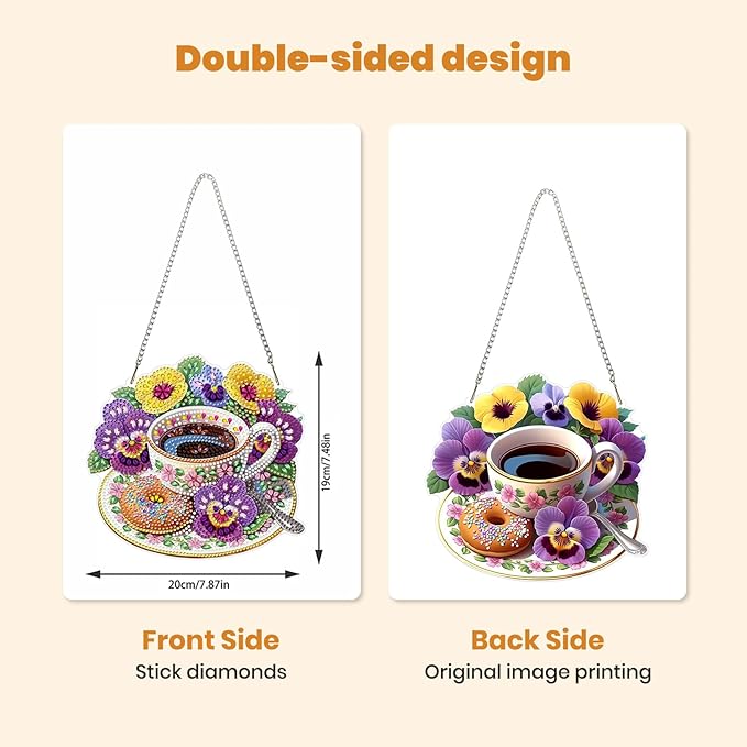 MXJSUA Pansies Flowers Coffee Diamond Painting Art Window Suncatchers, Diamond Art Kits for Adults Hanging Ornaments with Chain, 5D Special Shape Crystal Diamond Pendant Accessories for Decor Gift