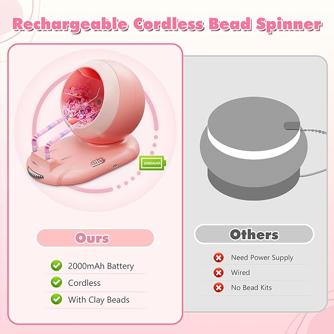 ETUDAW Bead Spinner, Rechargeable Electric Clay Bead Spinner Kit for Bracelet Making, Beginner Clay Beads Kit with Dual Needles and Adjustable Speed, Gift for Holidays, Birthdays (Pink)