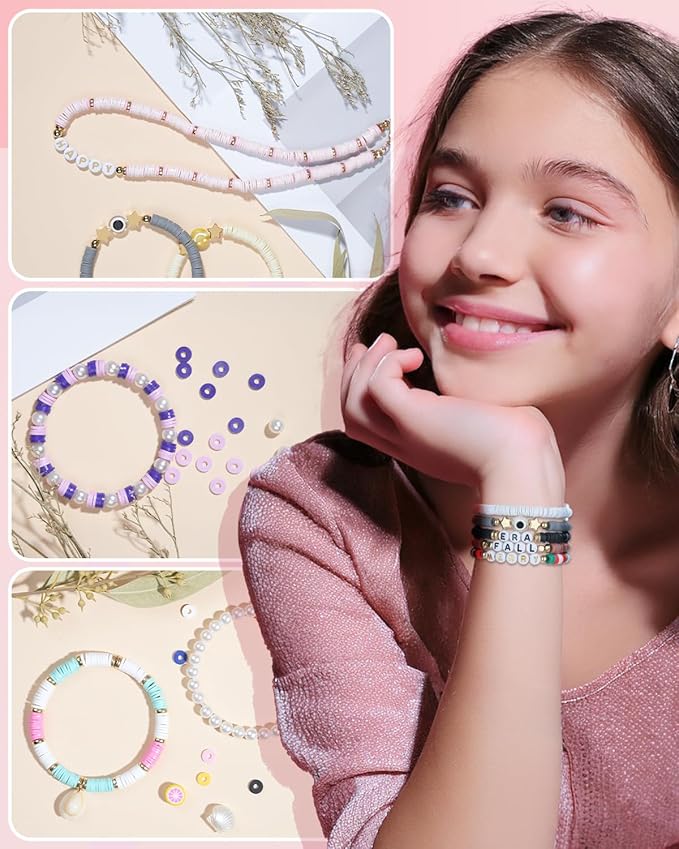 BestNow Clay Beads Bracelet Making Kit for Beginner 5000 Pcs Preppy Polymer Clay Beads with 3 types Letter beads Charms Kit for Jewelry Making DIY Arts and Crafts Birthday Gifts Toys for Kids Age 6-13
