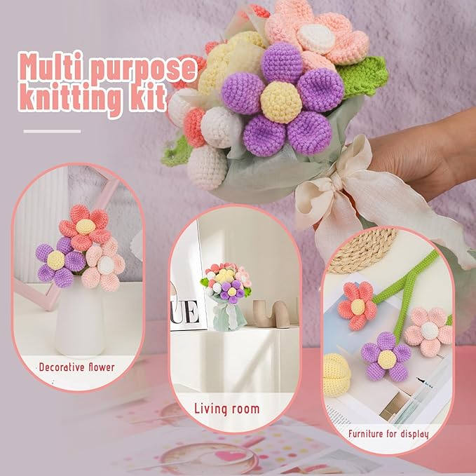 Iuuidu Crochet Kit for Beginners, Flower Bouquet Crochet Kit, Crochet Starter Kit for Beginners Adults with Step-by-Step Video Tutorials for Birthday Day Wedding Present, DIY Home Decor