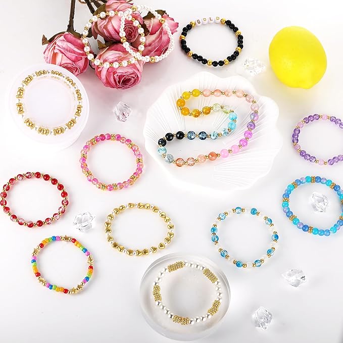 Funtopia Spacer Beads for Jewelry Making, 2500Pcs Gold Round Beads for Bracelets, 4mm 6mm 8mm Spacer Loose Ball Bead Star Pearls Letter Bead for DIY Bracelet Jewelry Making Craft