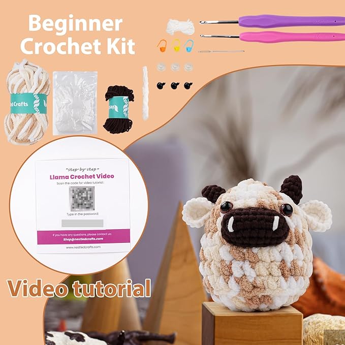 Vanttokeey Crochet Kit for Beginners, Animal Amigurumi Crochet Kits Included, Step-by-Step Video Tutorials, Beginner Crochet Kit for Adults and Kids, Crocheting Starter Set (Cow)
